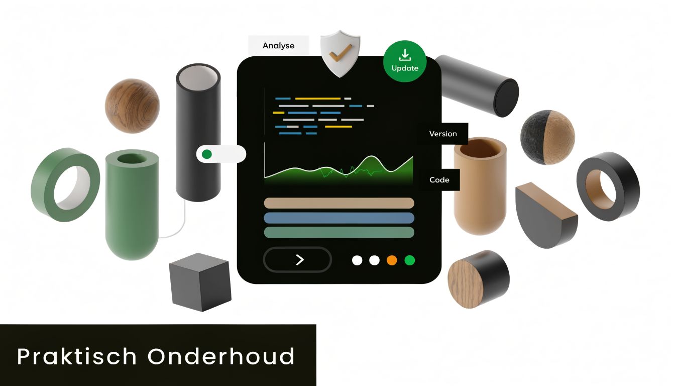 Een abstracte 3D-illustratie van softwareonderhoud met abstracte vormen, een analyse-venster en een update-knop voor websites.