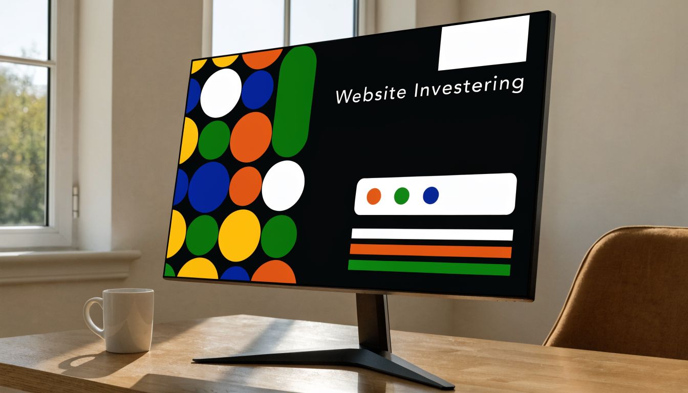 Een moderne computer op een houten bureau met de tekst Website Investering op het scherm.