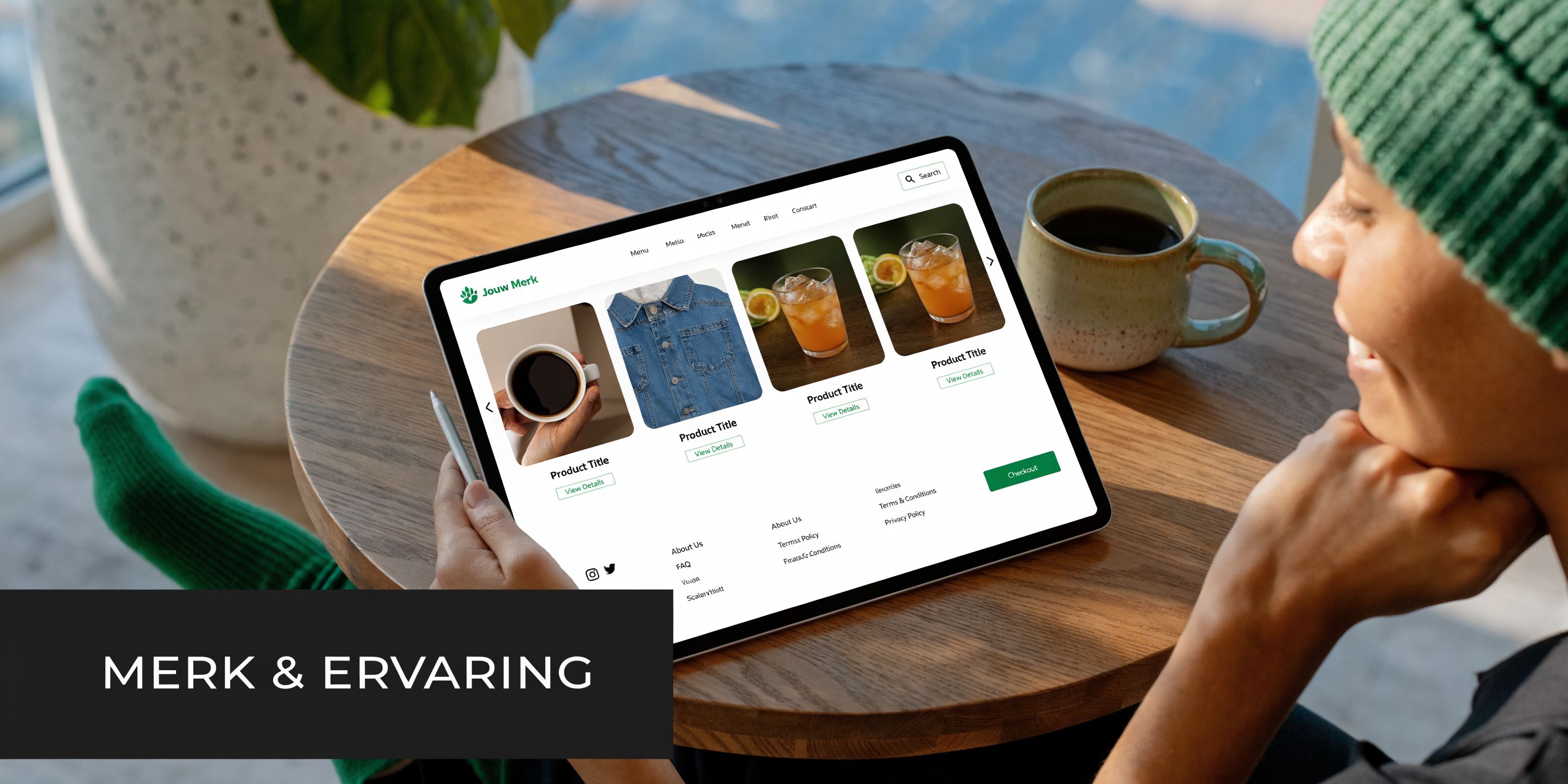 Een persoon bekijkt een moderne WooCommerce-webshop op een tablet tijdens het drinken van een kop koffie.