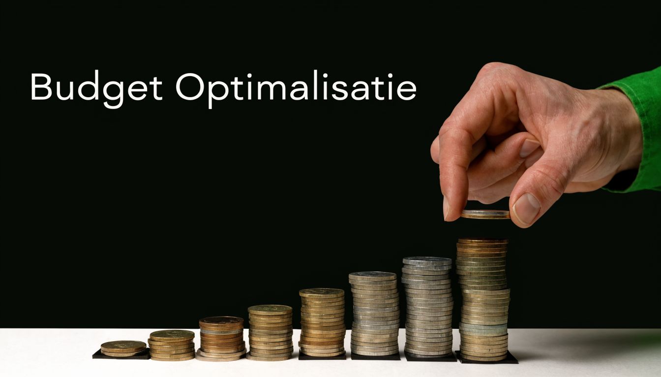 Een hand die een munt op een stapel munten legt voor concept budget optimalisatie en financiële groei.