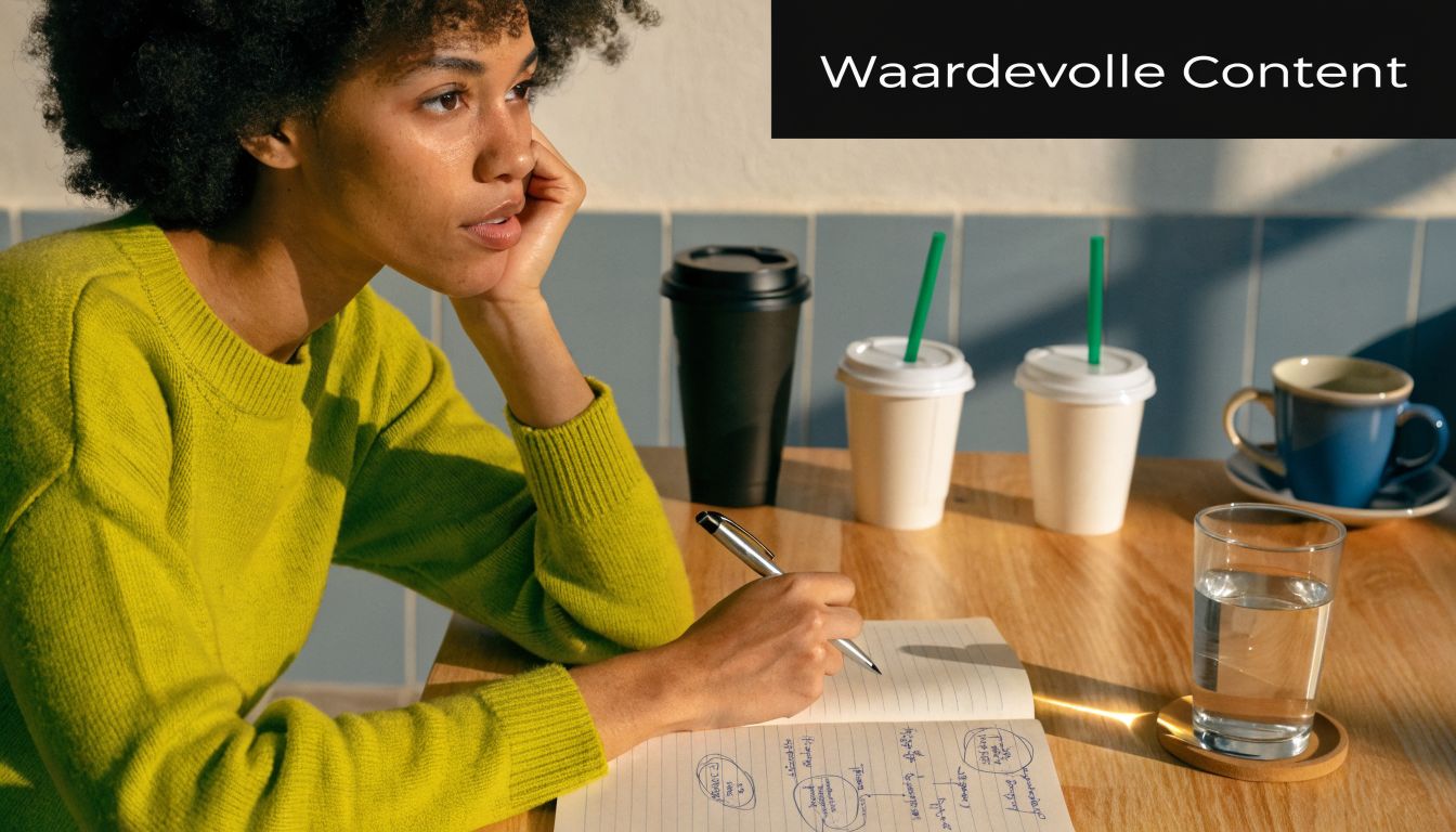 Een jonge vrouw met een opvallende gele trui die nadenkend in een notitieblok schrijft in een café.