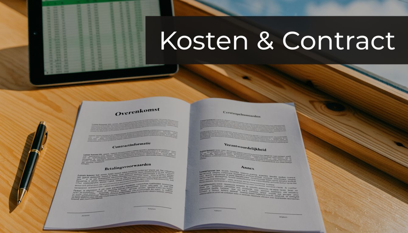 Een open contract op een houten tafel met een tablet en pen voor zakelijke administratie.