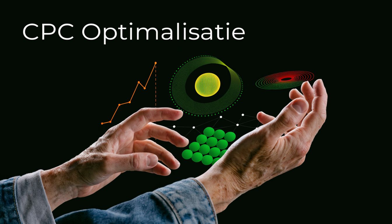 Een persoon met handen die digitale grafische elementen en datavisualisaties voor CPC-optimalisatie in de lucht presenteert.