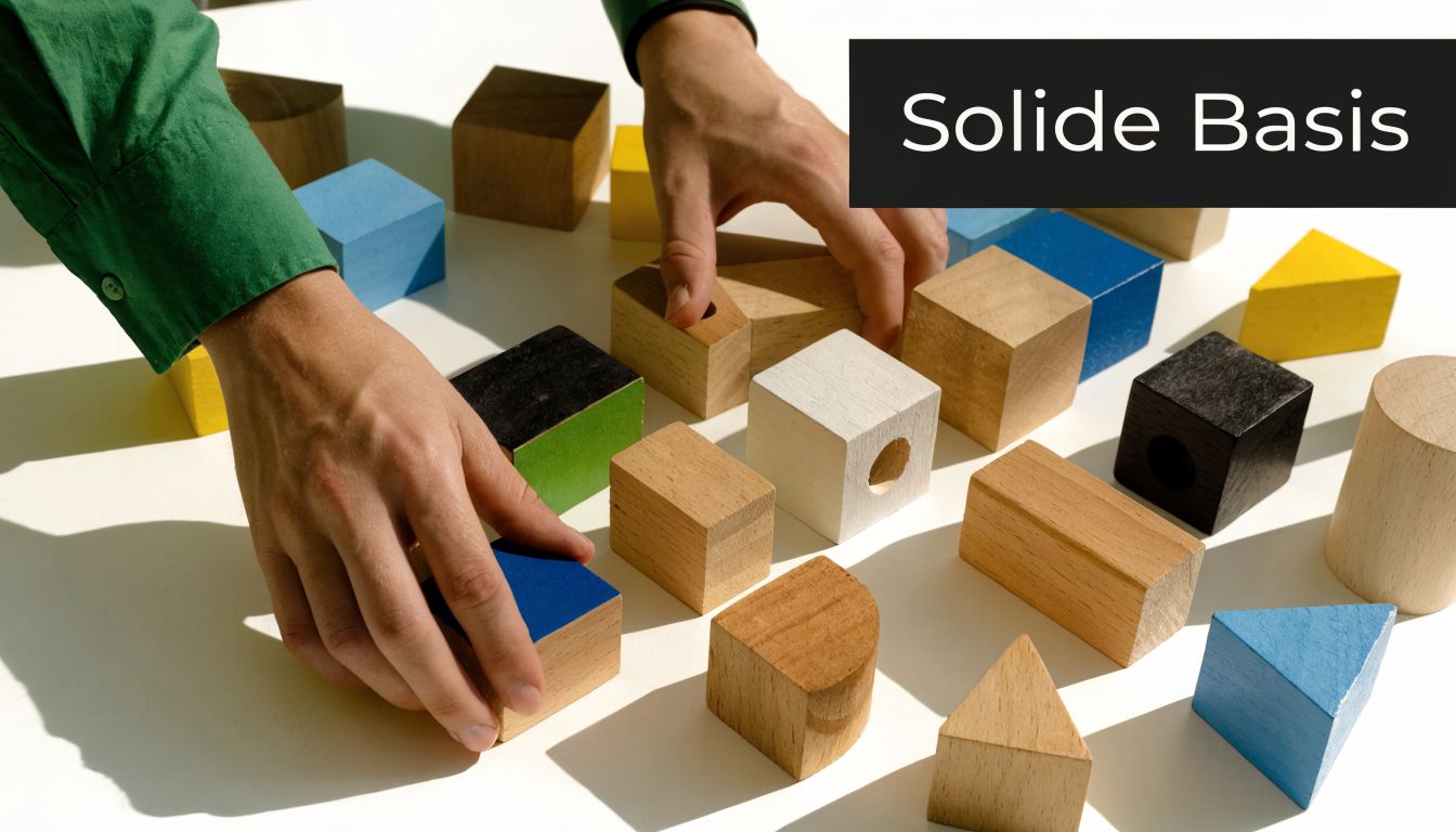 Twee handen die bouwen met diverse gekleurde houten blokken op een witte ondergrond bij een bedrijfsconcept.