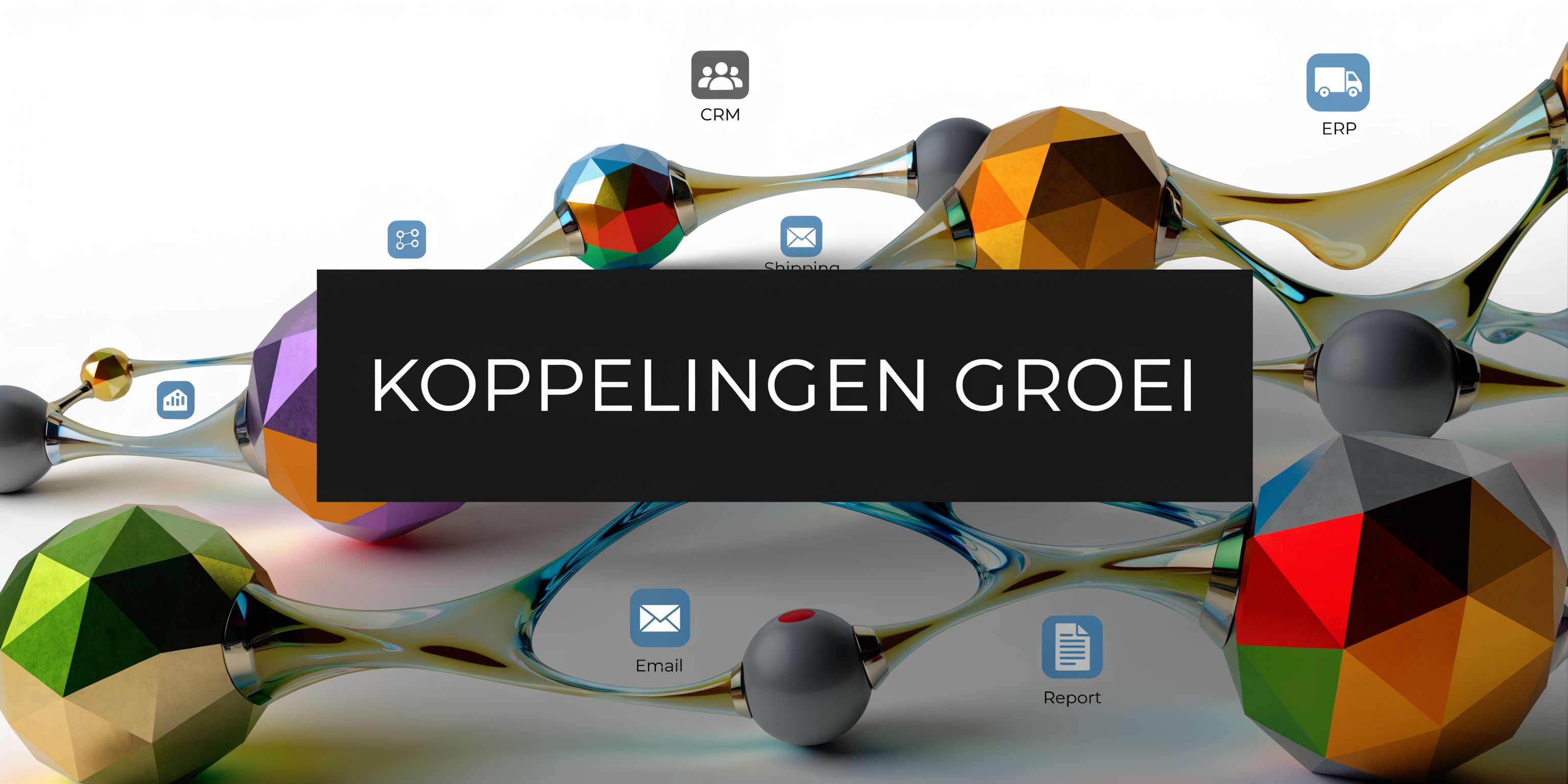 Abstracte 3D illustratie van verbonden datapunten en bedrijfssystemen zoals CRM, ERP en e-mail voor groeiende bedrijven.