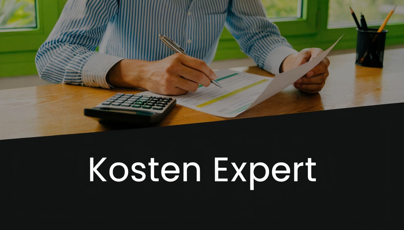 Een professionele financieel expert die aan een bureau zit en documenten ondertekent met een rekenmachine ernaast.