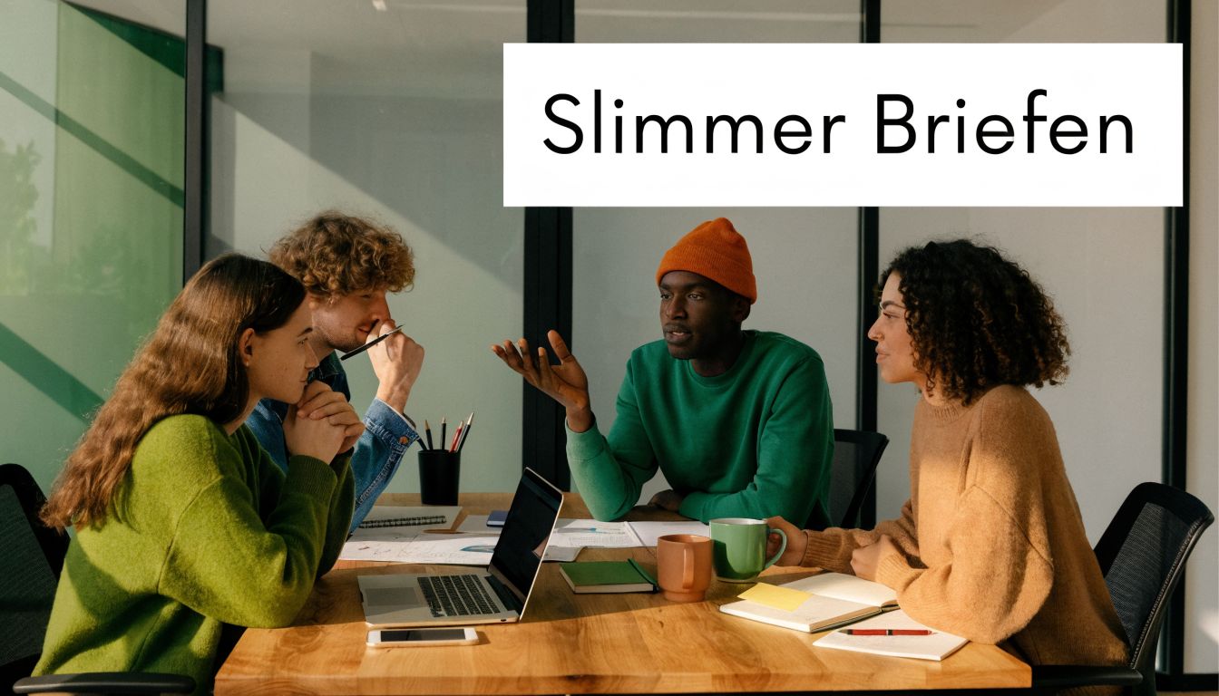Een divers team van vier collega's voert een productief overleg aan een houten vergadertafel op kantoor.