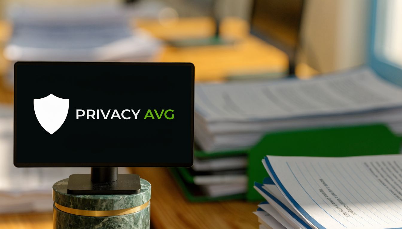 Een klein zwart scherm met het Privacy Avg-logo op een bureau naast een stapel documenten en papierwerk.