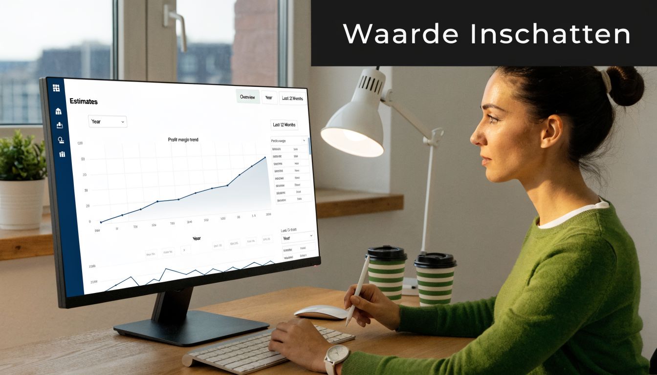 Een vrouw in een groene trui bekijkt bedrijfsstatistieken en winstmarges op een modern computerscherm aan haar bureau.