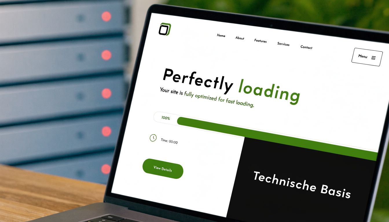 Een laptop op een bureau toont een website over weboptimalisatie en snelle laadtijden voor zakelijke websites.