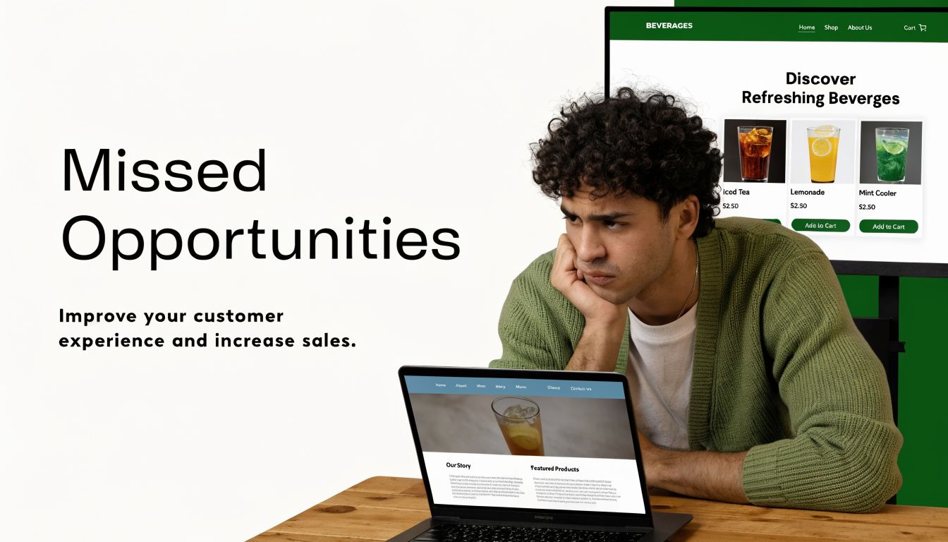 Een gefrustreerde jonge man kijkt naar een laptop en een scherm met een webshop-interface voor dranken.