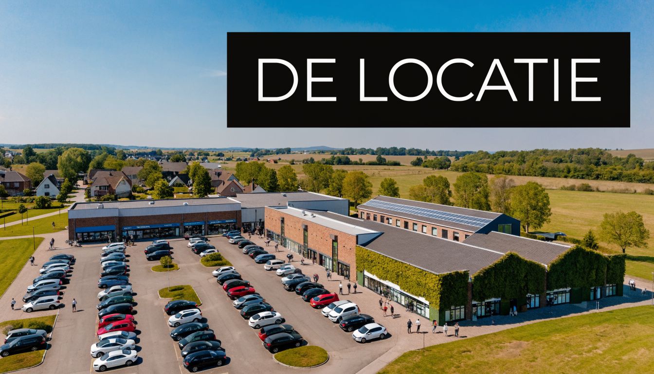 Een overzichtsfoto van een commercieel vastgoedcomplex met een grote parkeerplaats en groene muren op een zonnige dag.