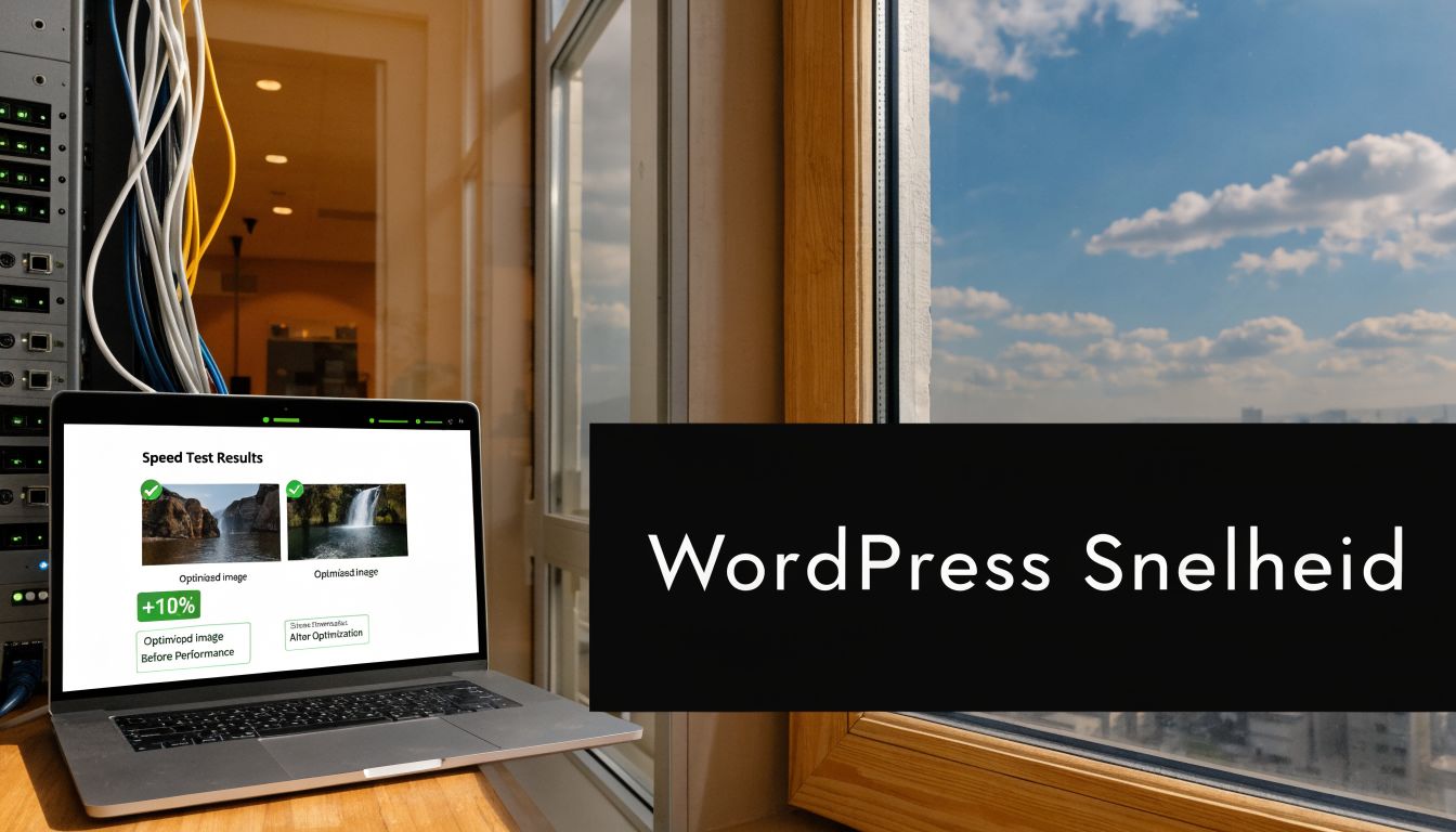 Een laptop die de snelheid van een WordPress website analyseert met visuele resultaten over beeldoptimalisatie.