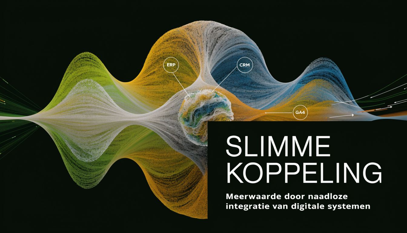 Abstracte visualisatie van digitale integratie met termen zoals ERP, CRM en GA4 op een zwarte achtergrond.
