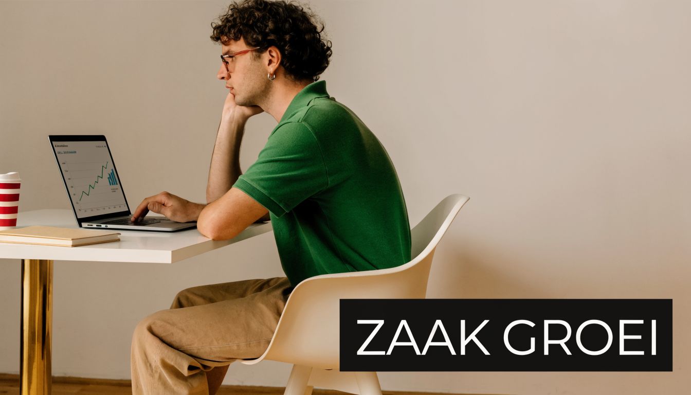 Een jonge man met een groene polo zit aan een tafel en werkt op zijn laptop.