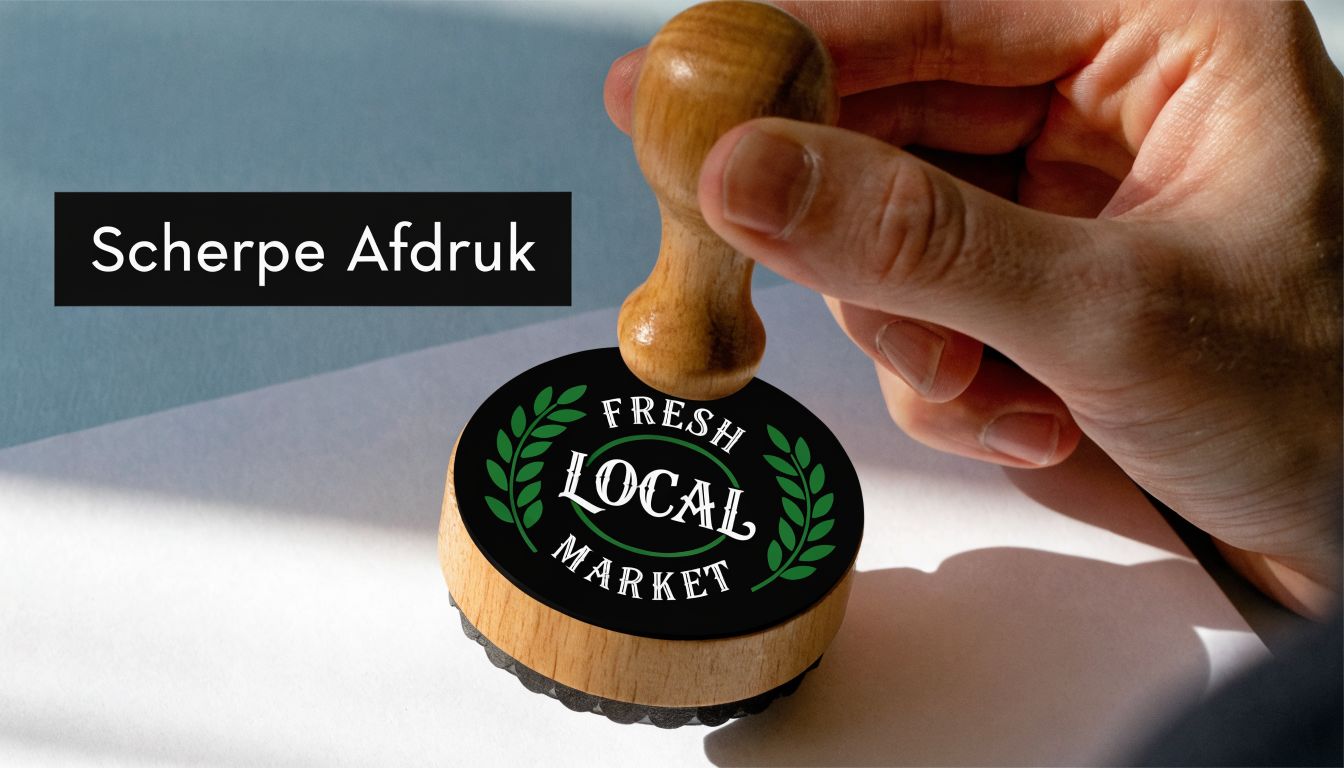 Een hand die een houten stempel met een groen 'Fresh Local Market' logo op wit papier drukt.