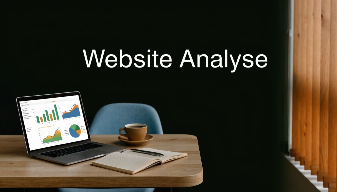 Een laptop met bedrijfsgrafieken op een bureau naast een kopje koffie voor website analyse.