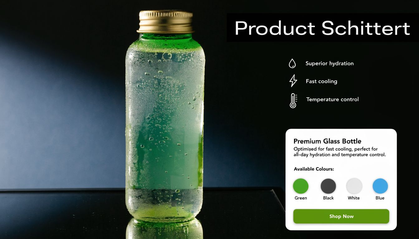 Een elegante groene glazen fles voor hydratatie met een metalen dop tegen een donkere achtergrond.