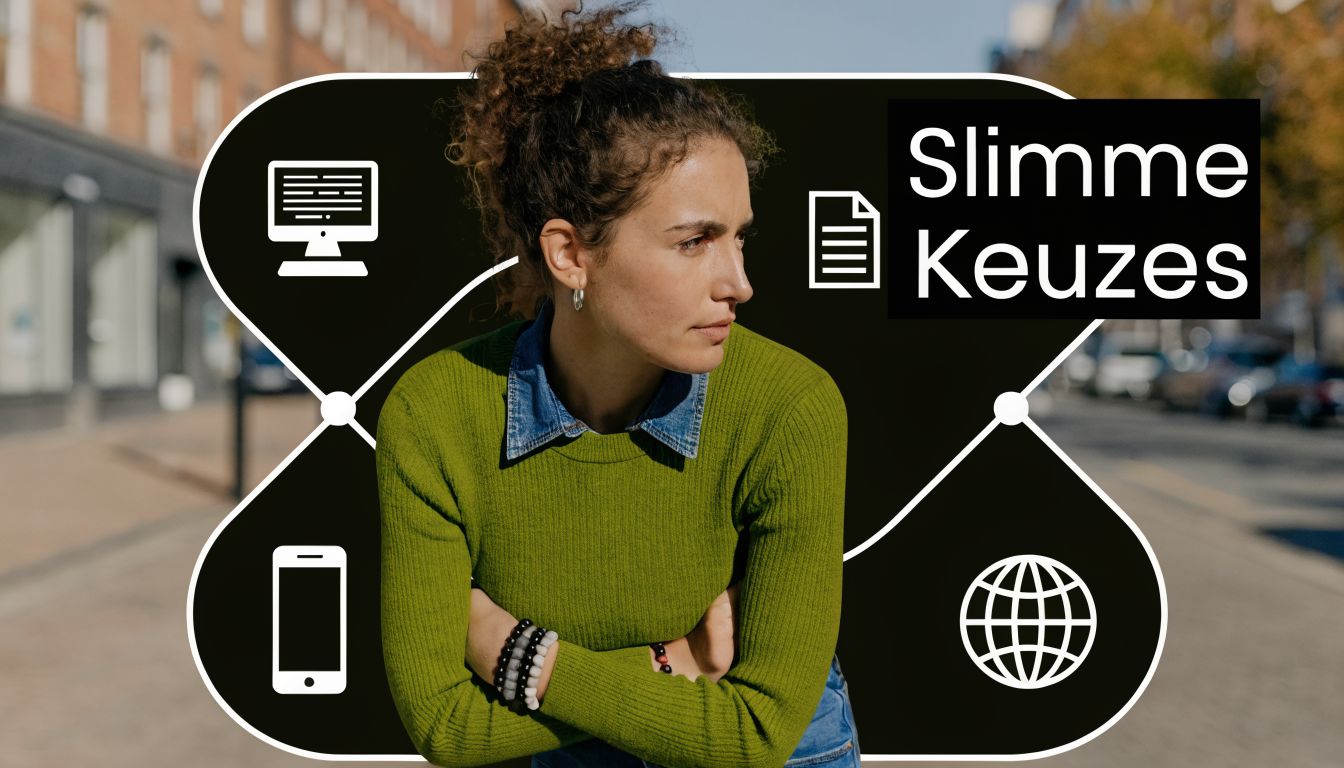 Een jonge vrouw met gekruiste armen kijkt peinzend voor zich uit naast digitale iconen en tekst.