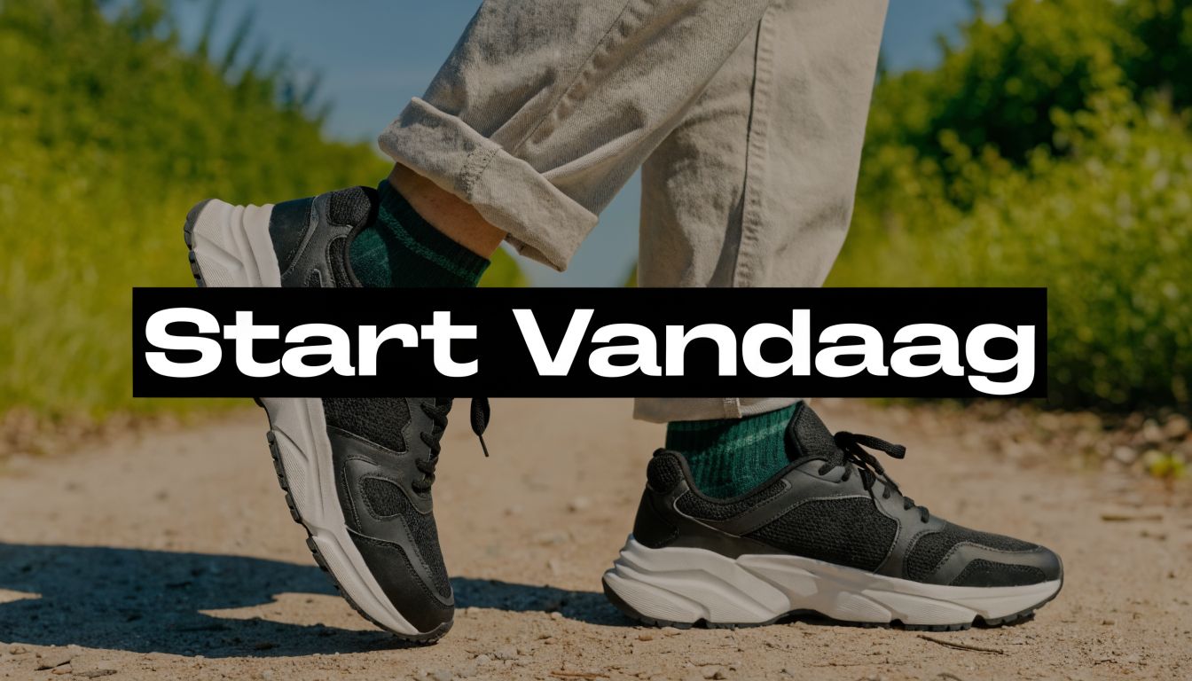 Een persoon in vrijetijdskleding met sportschoenen wandelt op een onverhard pad, tekst overlay zegt Start Vandaag.