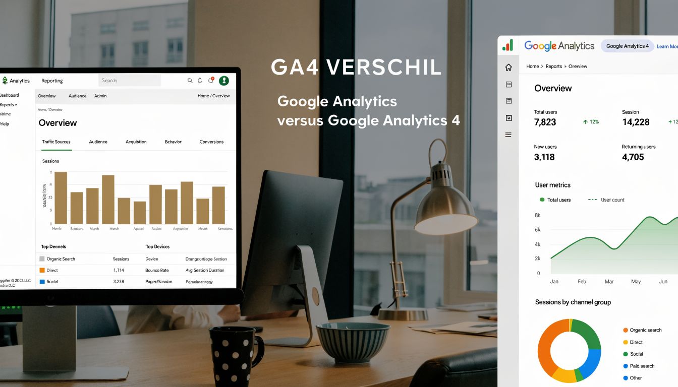 Vergelijking van de Google Analytics Universal interface naast de nieuwe Google Analytics 4 rapportageomgeving op een scherm.