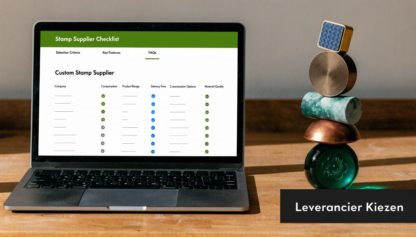 Een laptop die een checklist toont voor het kiezen van een leverancier voor custom stempels met logo.
