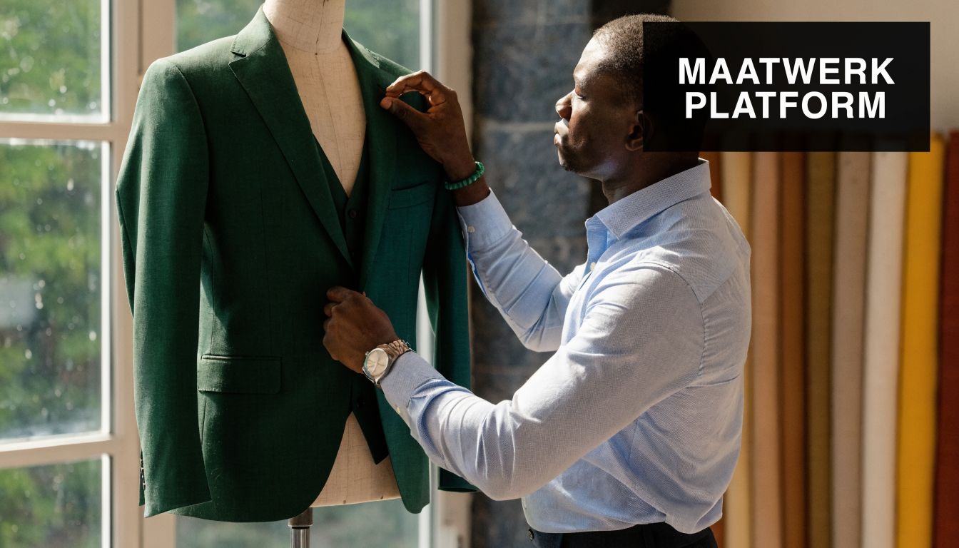 Een kleermaker die nauwkeurig een groen maatpak op een paspop afstelt in een professioneel atelier.
