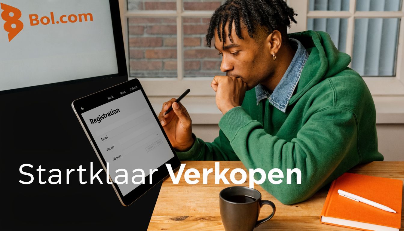 Jonge man in groene trui bekijkt een registratieformulier op een tablet om te verkopen op Bol.com.