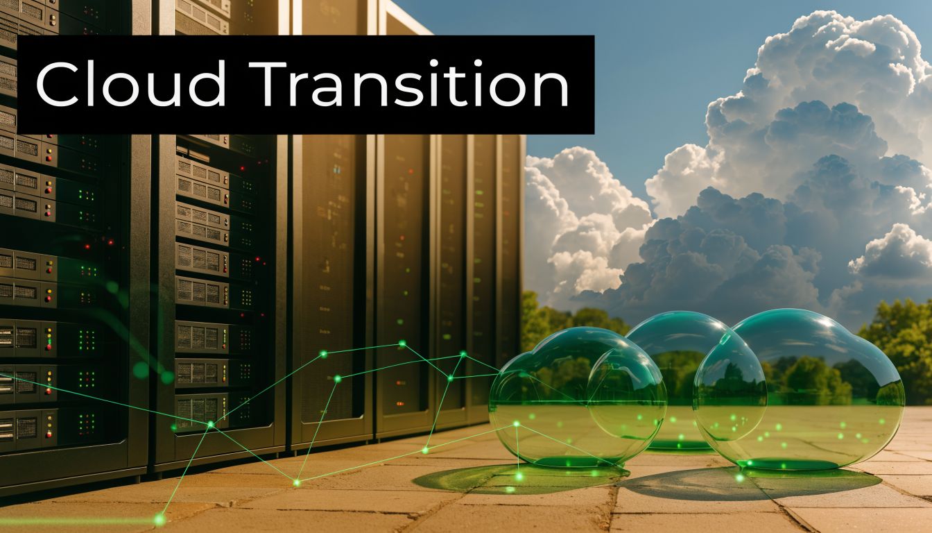 Een serverruimte met een grafische weergave van glasbollen die de transitie naar cloud computing illustreren.