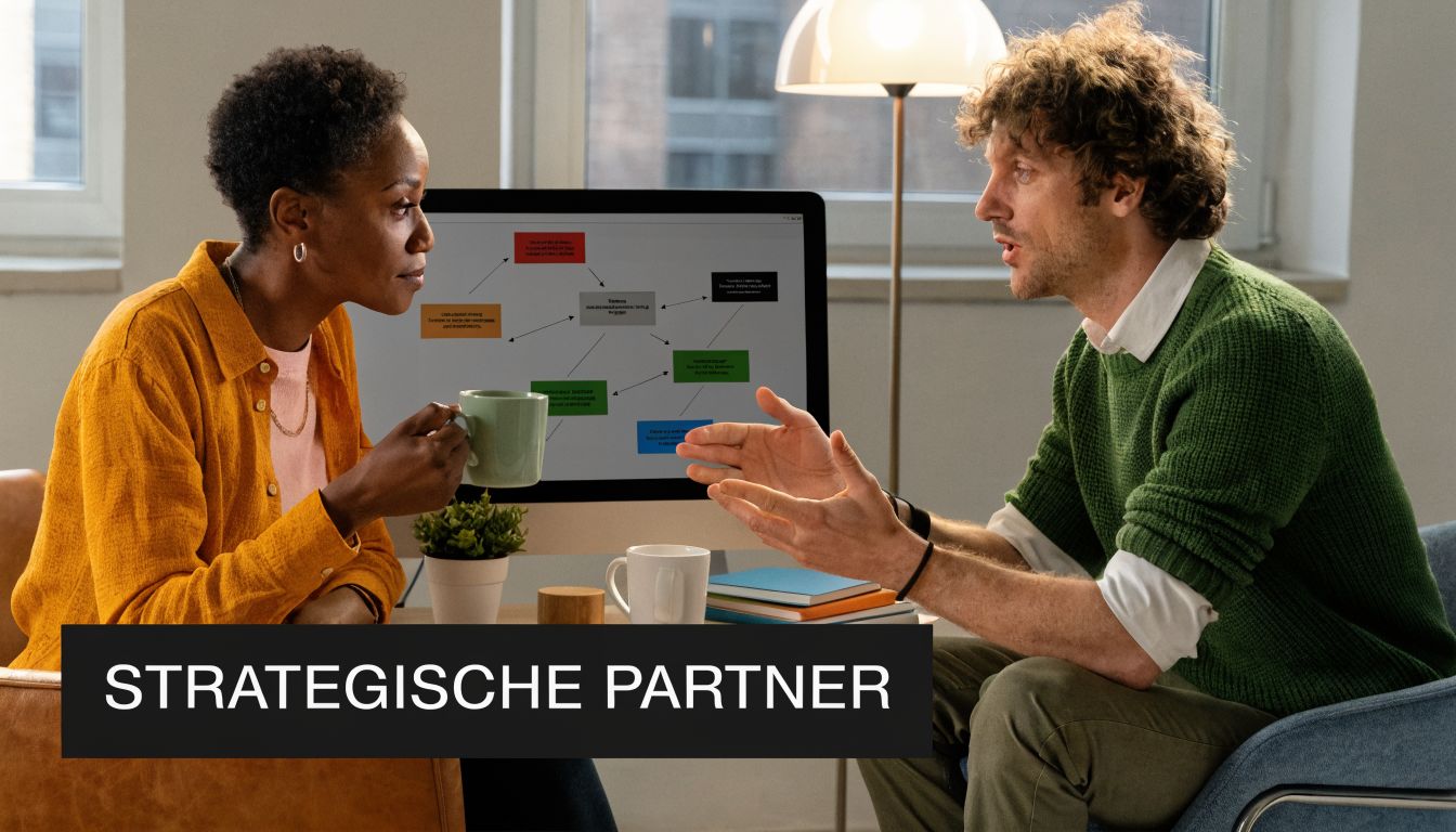Een man en een vrouw bespreken een strategisch plan voor een Craft CMS bureau in een kantoorruimte.