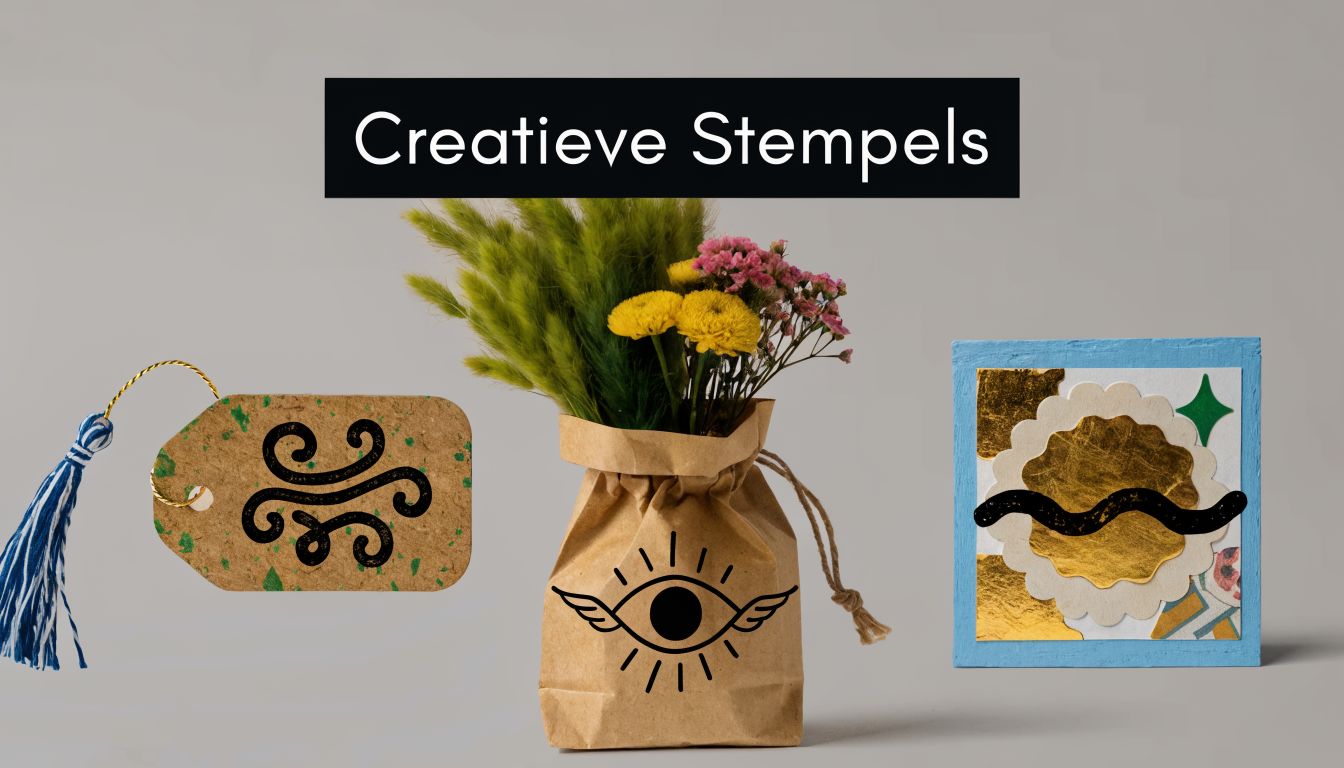 Decoratieve papieren items met zwarte stempelafbeeldingen zoals een oog en krulpatronen, samen met een boeket bloemen.