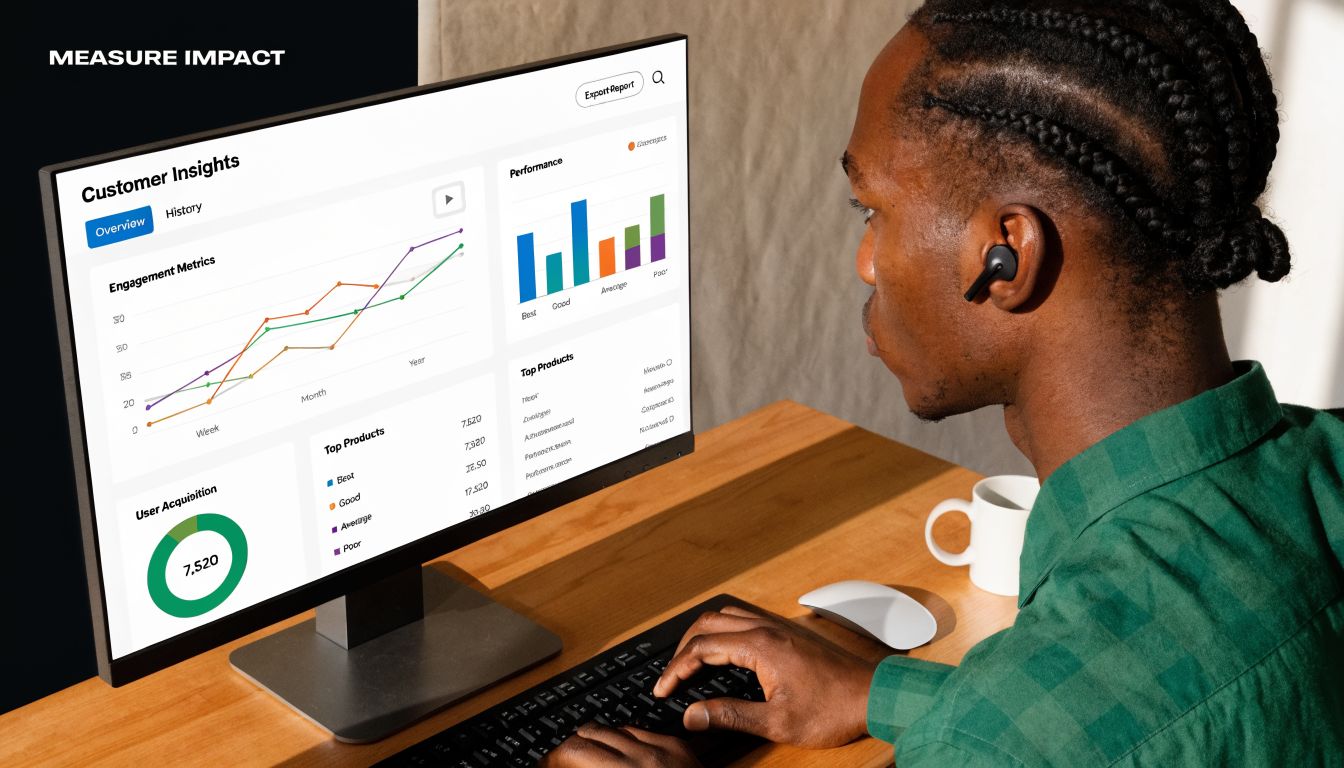 Een man met een groen overhemd kijkt naar een dashboard met marketingdata op een computermonitor.