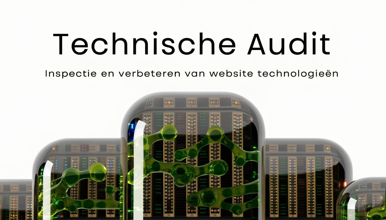 Een digitale weergave van server racks achter glazen structuren voor een technische audit van website technologieën.