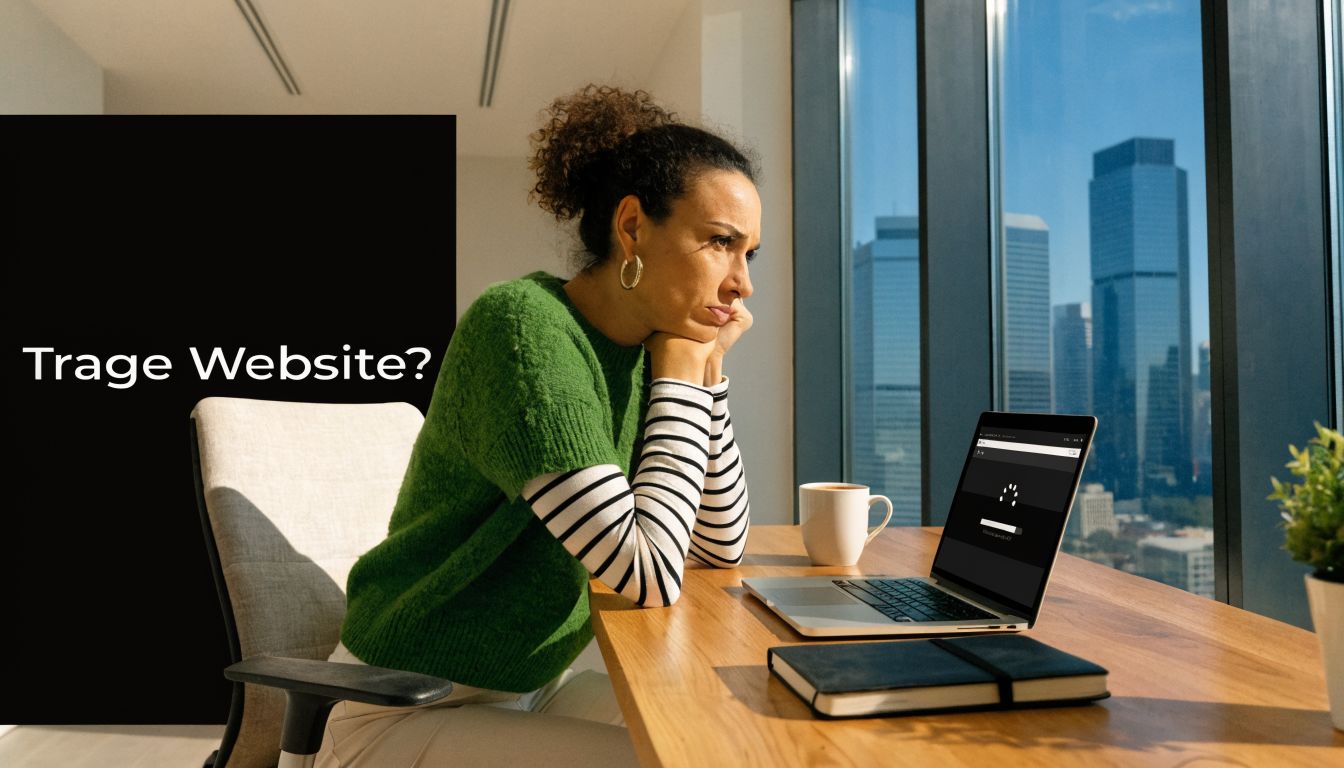 Een gefrustreerde vrouw kijkt naar een traag ladende website op een laptop in een kantoor.