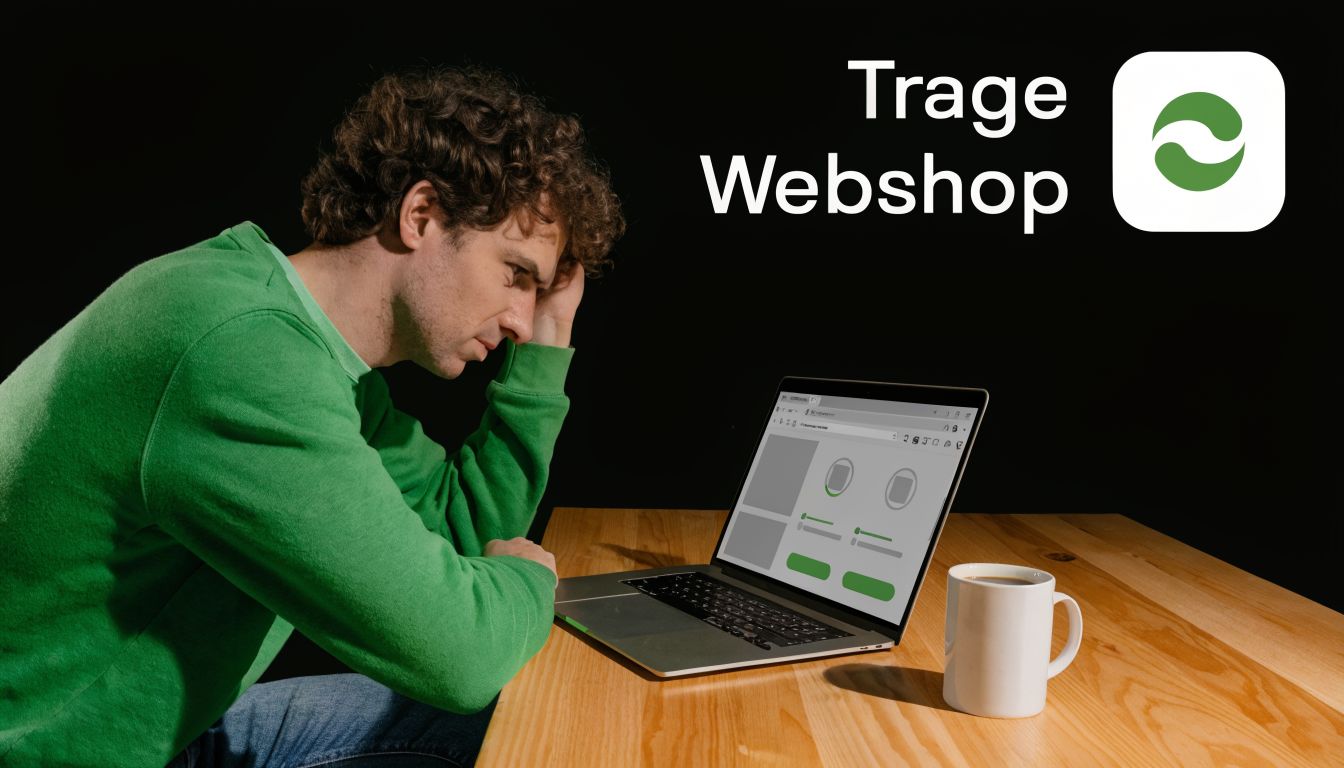 Een gefrustreerde man in een groene trui kijkt naar zijn laptop terwijl hij aan een houten tafel zit.