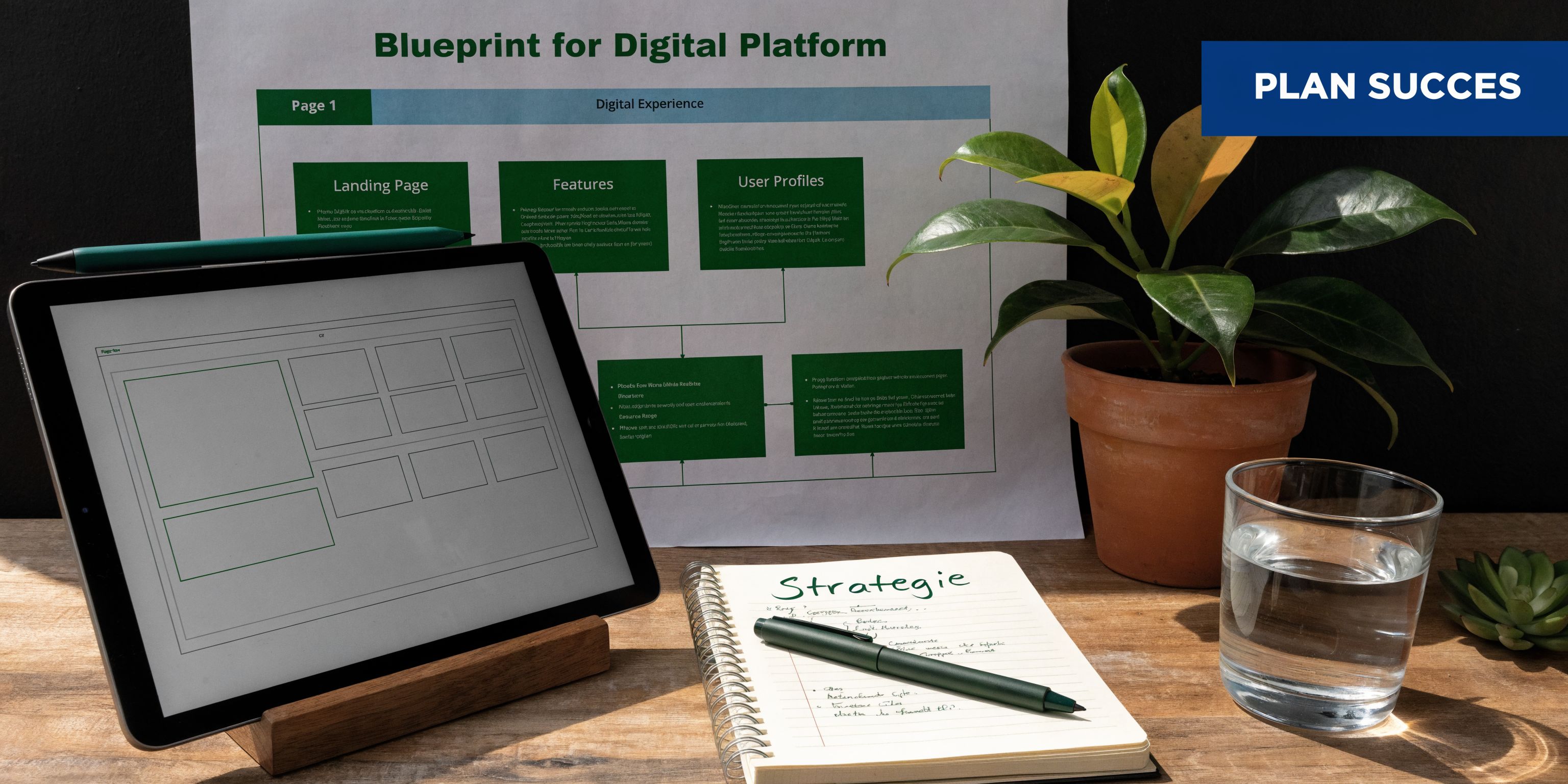 Een werkplek met een tablet, notebook, plant en blauwdruk voor het ontwikkelen van een digitaal platform.