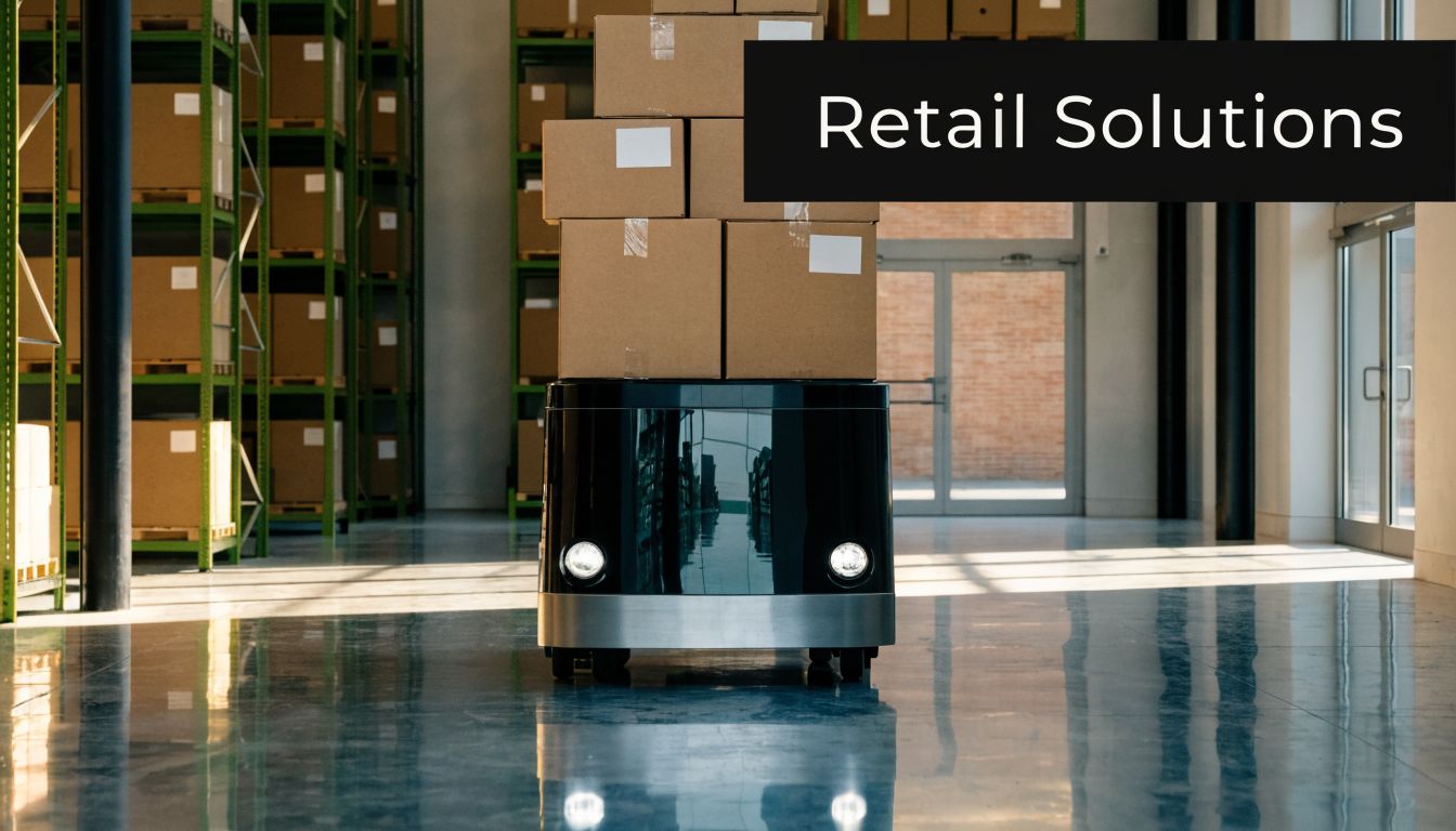 Een autonoom magazijnvoertuig transporteert een stapel kartonnen dozen in een modern geautomatiseerd distributiecentrum voor retailoplossingen.