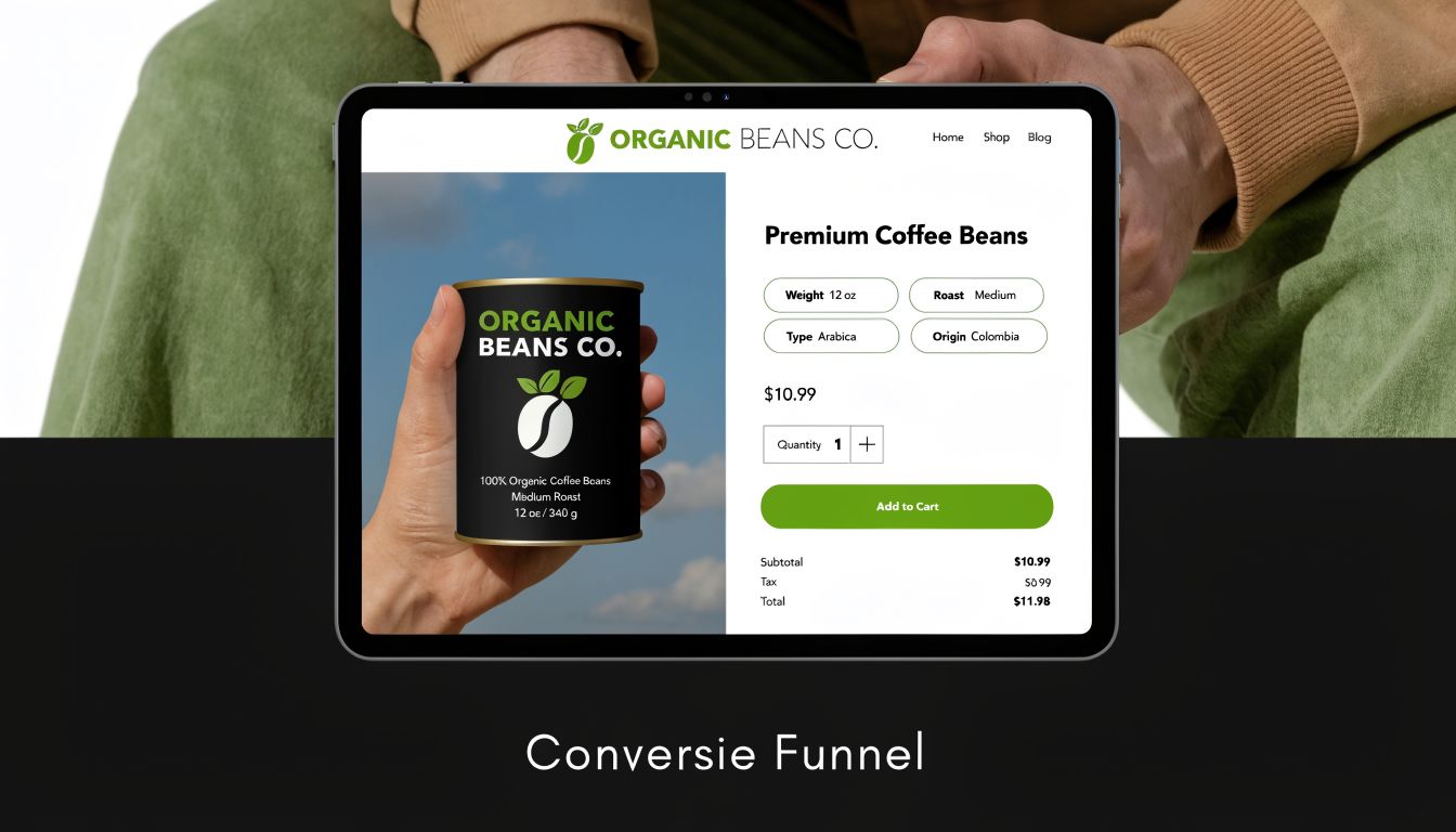 Een voorbeeld van een website-conversietrechter getoond op een tablet met een productpagina voor koffiebonen.