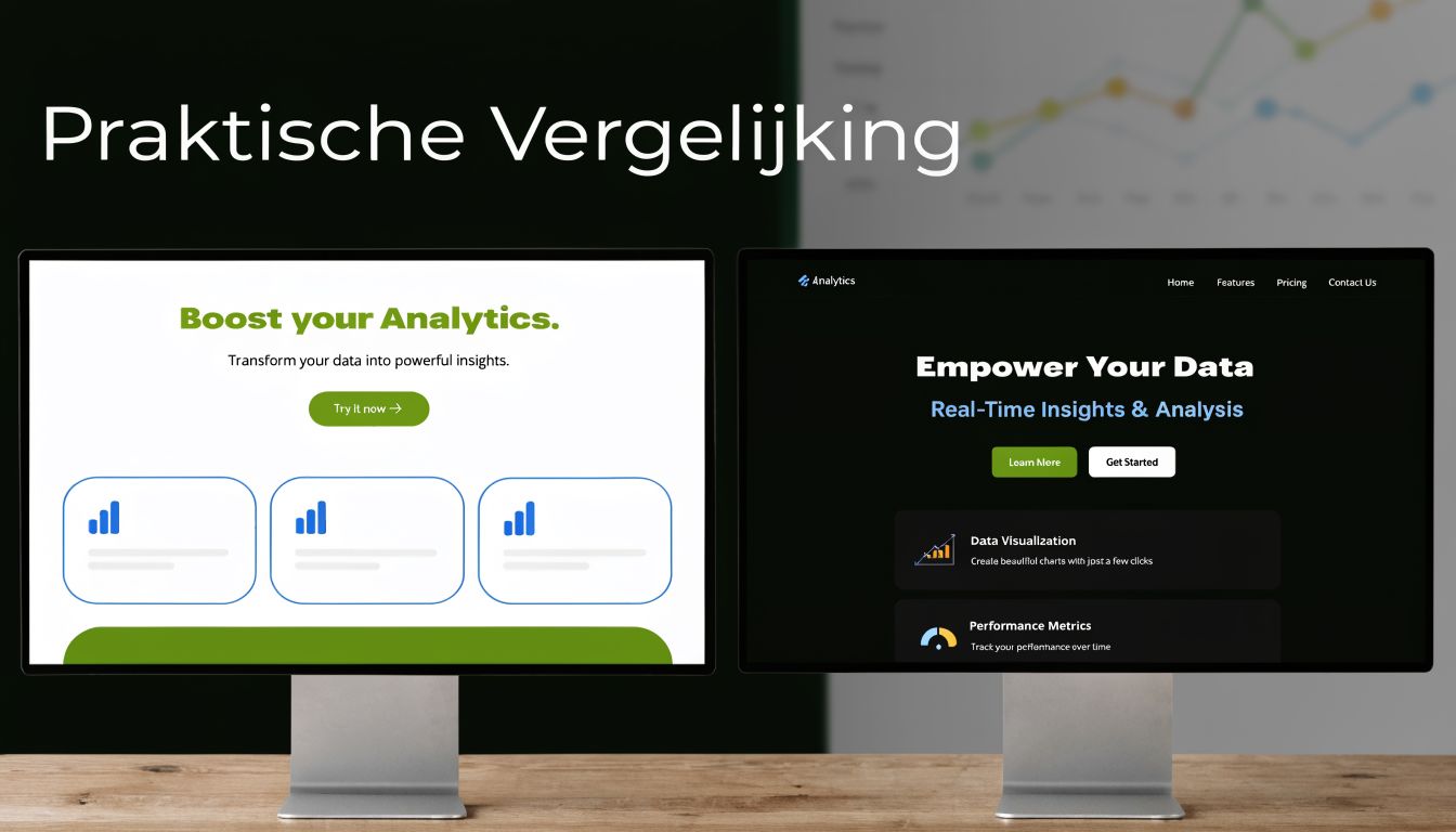 Twee computermonitoren die een vergelijking tonen tussen twee verschillende website ontwerpen voor een analytics platform.