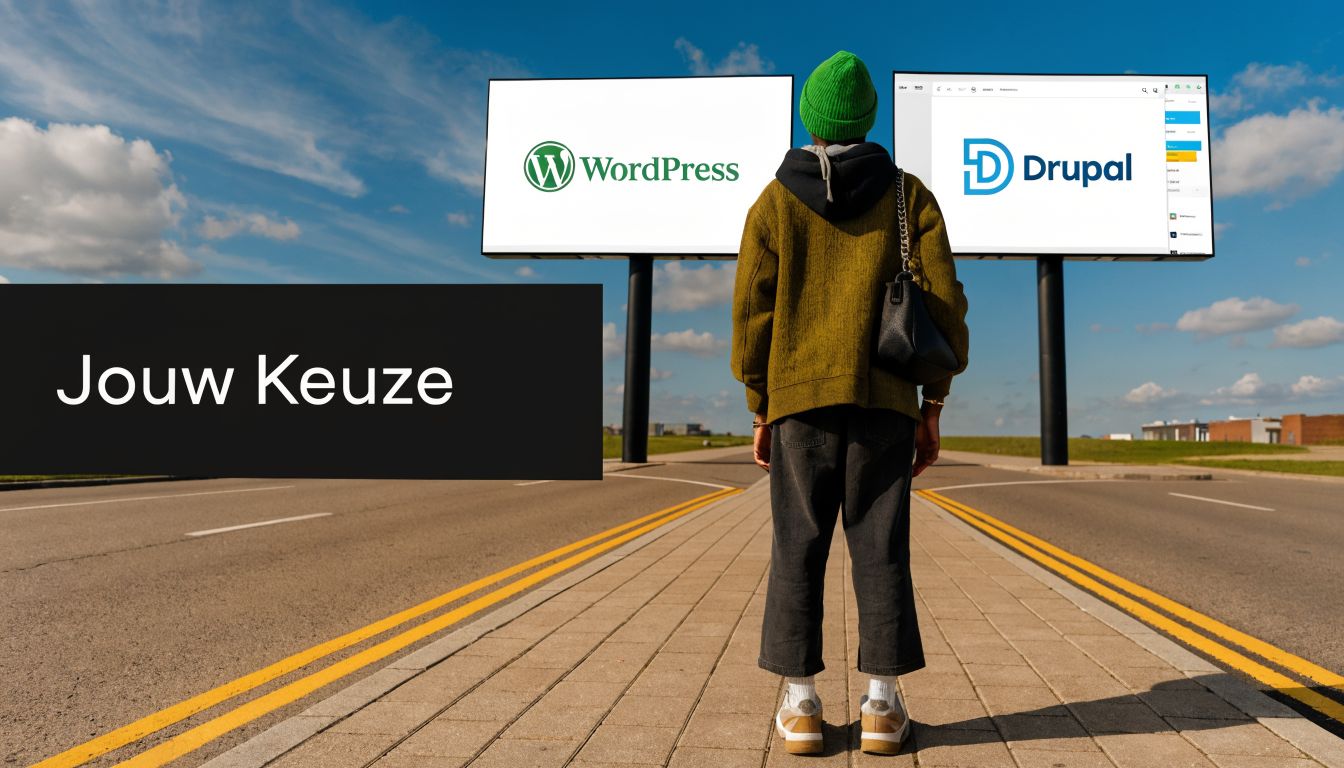 Een persoon staat voor een splitsing met reclameborden voor WordPress en Drupal en kiest een CMS.