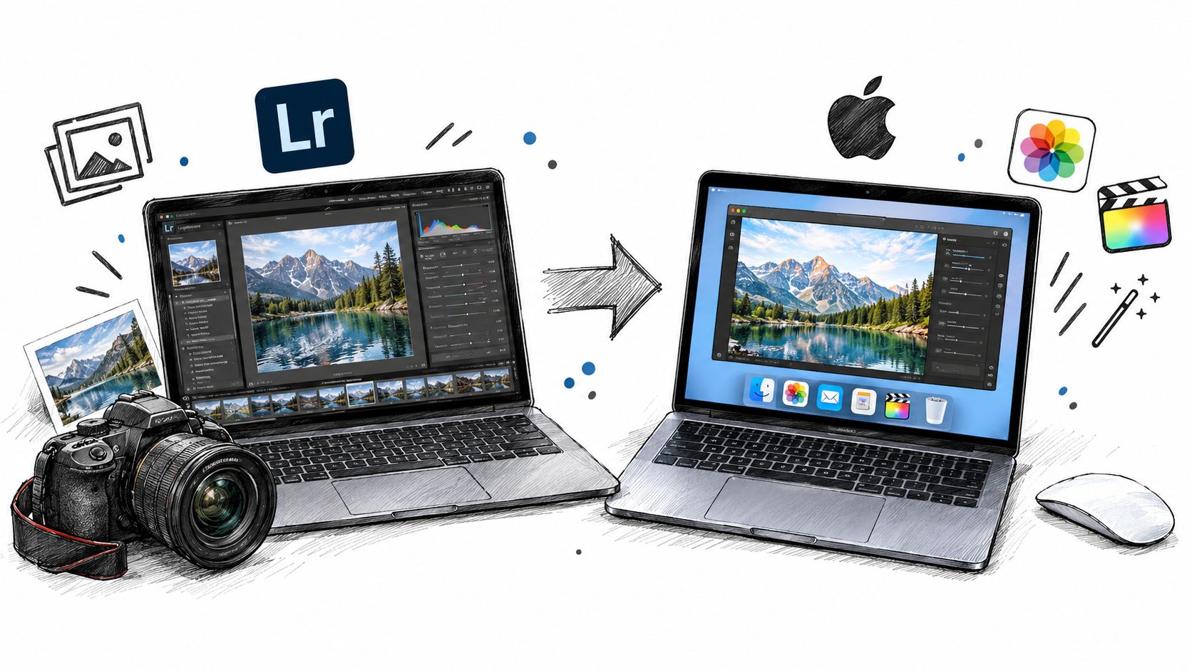 A digital illustration showing a camera and laptop running Adobe Lightroom being transferred to a macOS laptop.