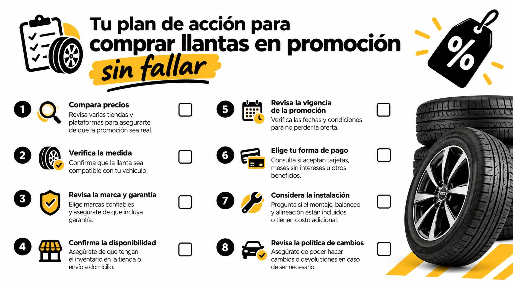 Infografía con 8 pasos para comprar llantas en promoción de manera segura y eficiente para tu vehículo.