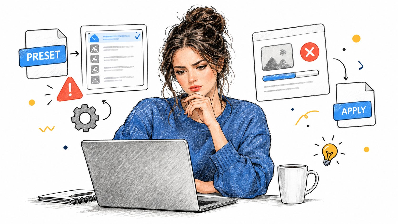 A creative illustration of a woman looking thoughtfully at a laptop while working on photo editing presets.