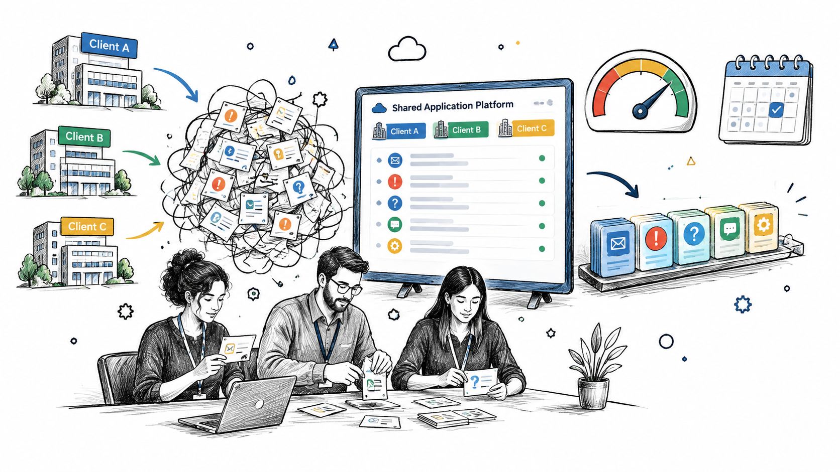 A team of professionals organizing complex client tasks into a streamlined shared application platform illustration.