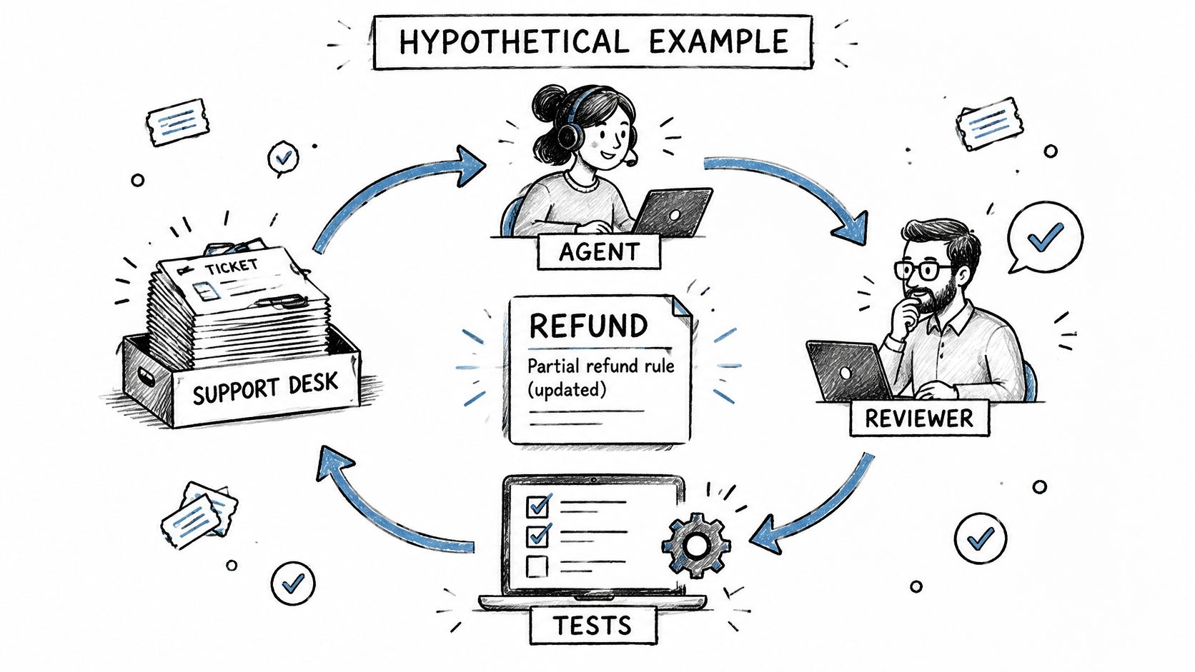 A hand-drawn illustration depicting a software workflow involving a support desk, agent, reviewer, and automated tests.