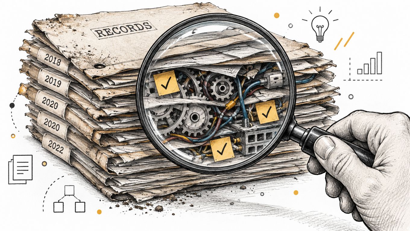 A hand holding a magnifying glass over a stack of old files revealing complex gears and circuitry.