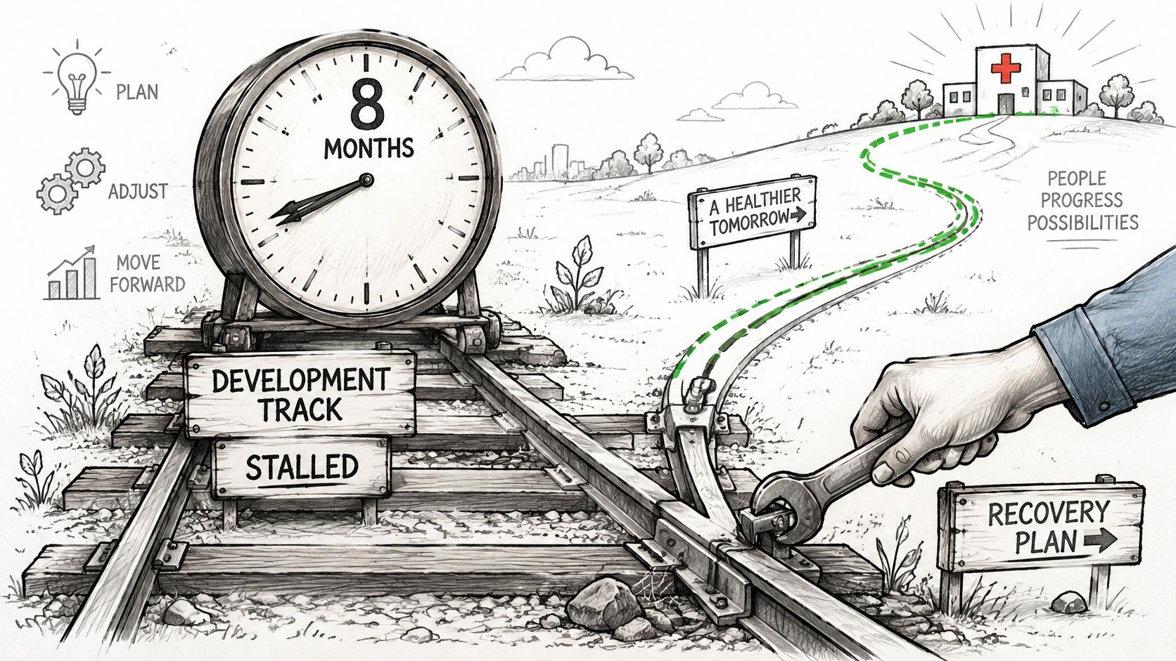 A hand using a wrench to switch tracks from a stalled development path toward a hospital recovery plan.