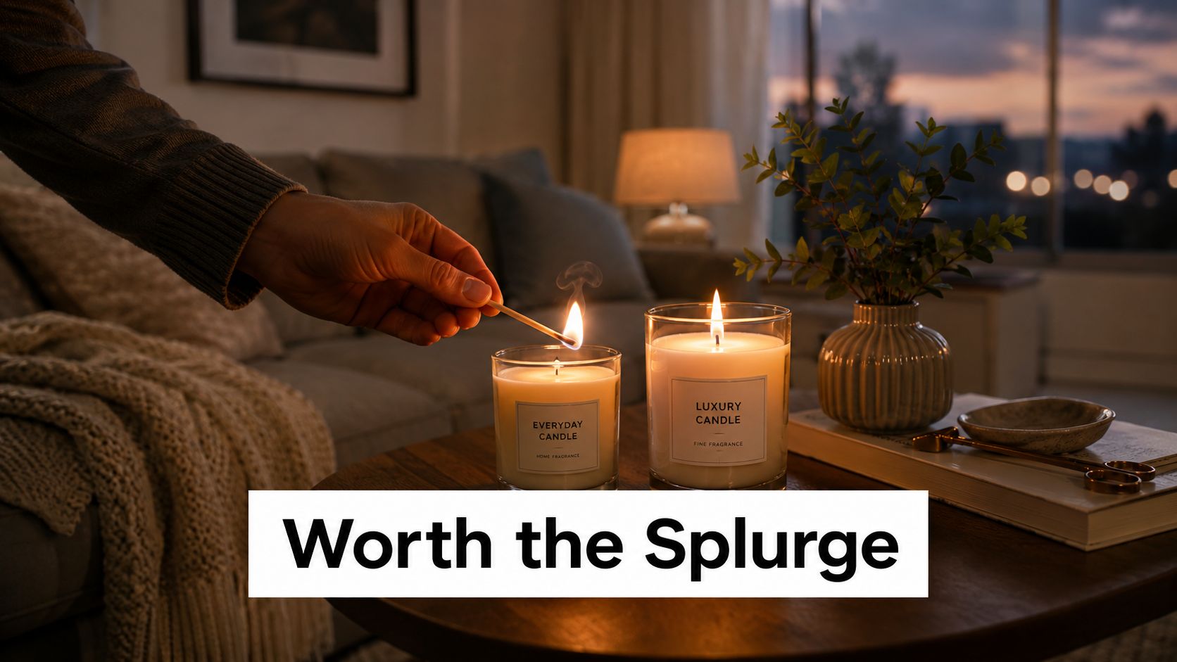 A hand lighting an everyday candle next to a luxury candle on a wooden table at dusk.