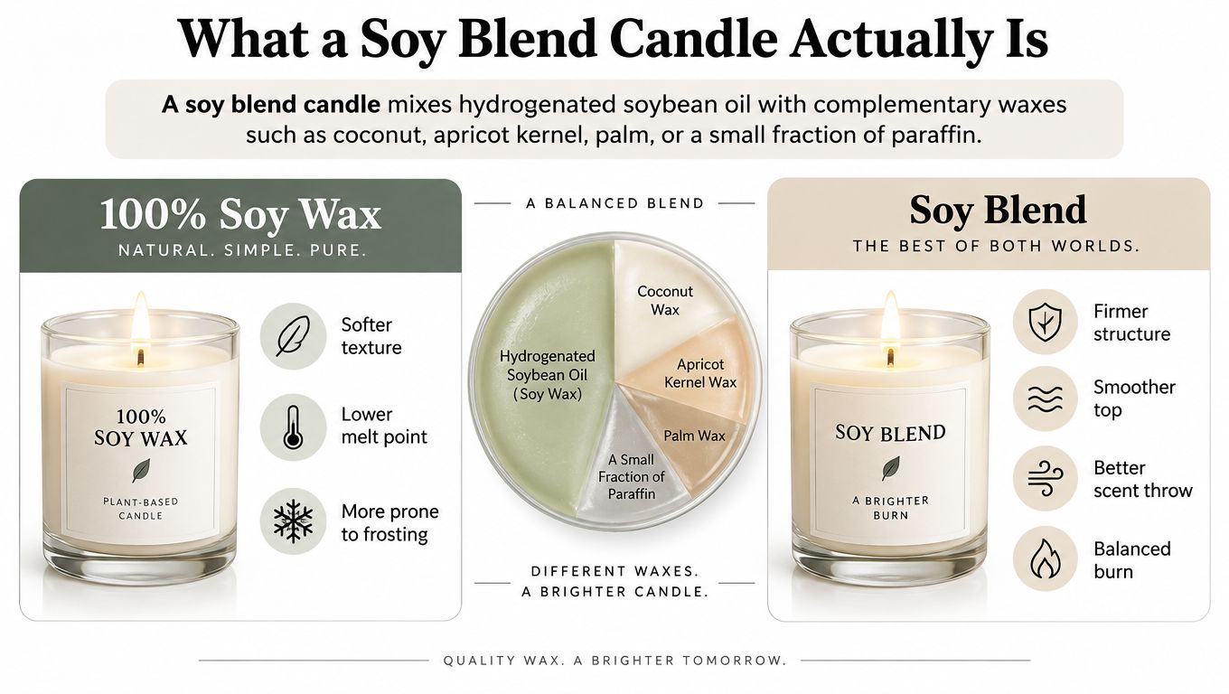 An infographic comparing 100% soy wax candles with soy blend candles, detailing their characteristics and composition.