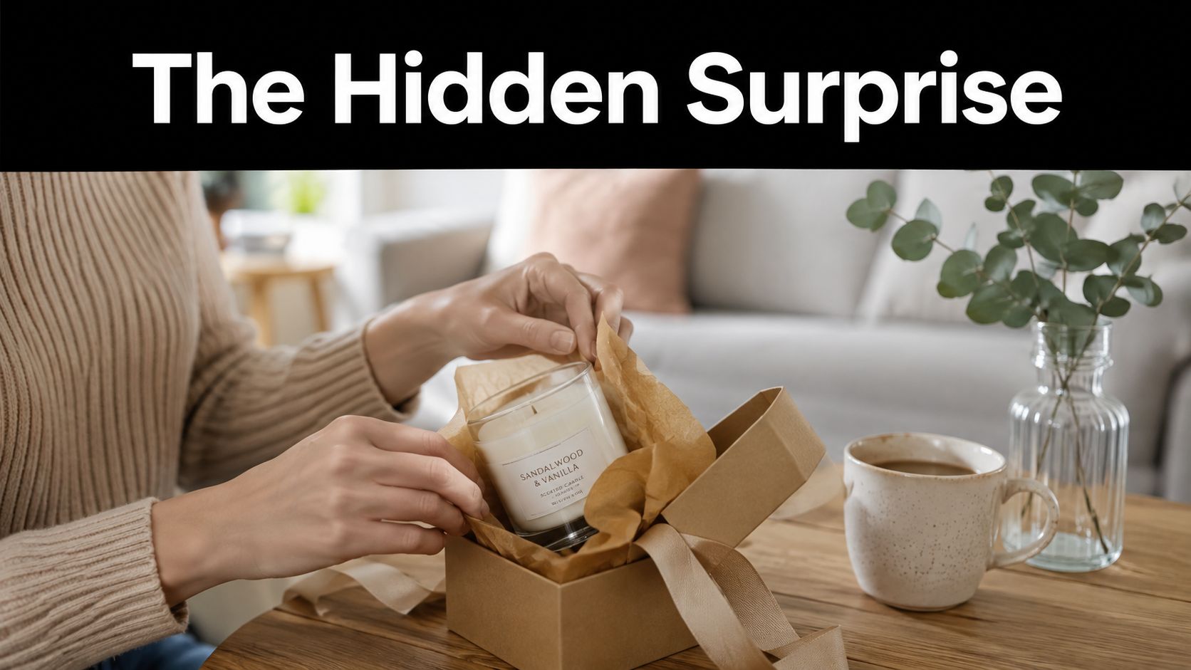 A person unwrapping a Sandalwood & Vanilla scented candle from a gift box on a wooden table.
